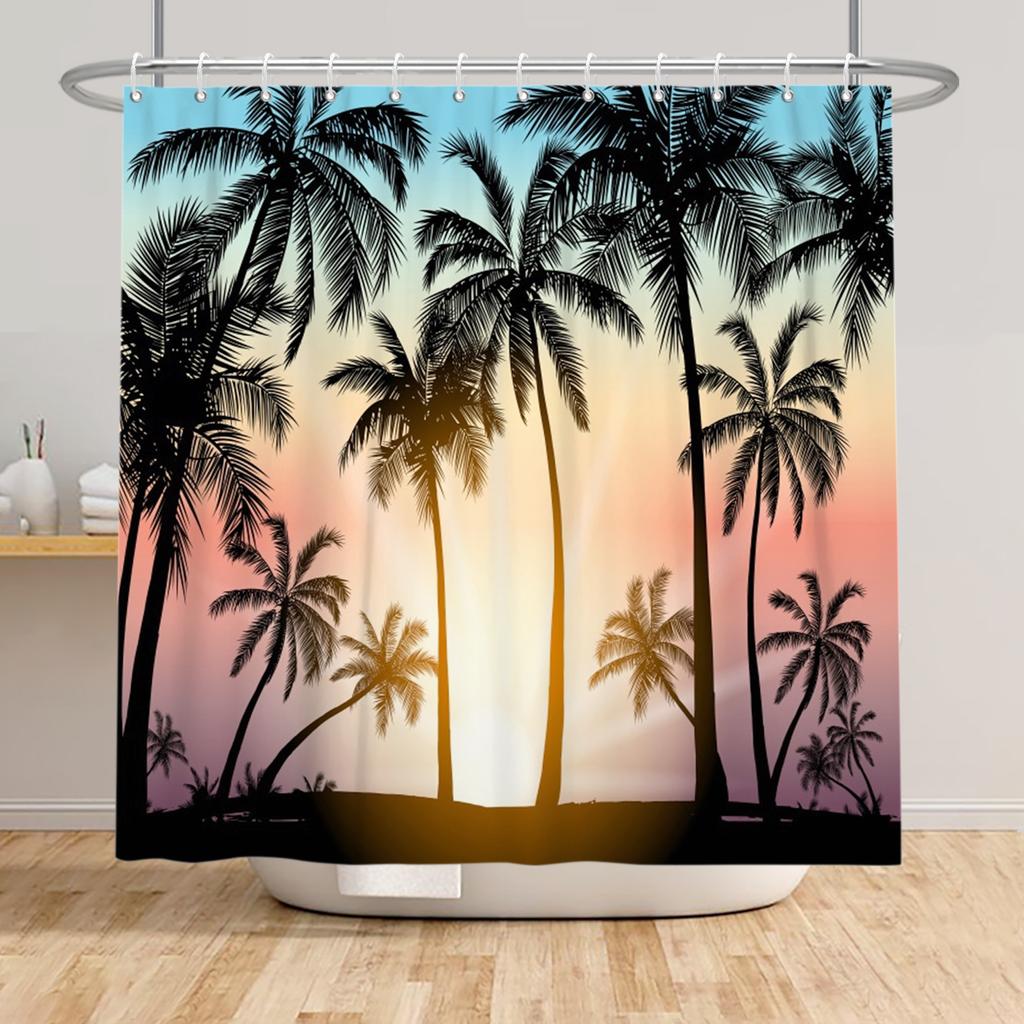Beach Vacation Shower Curtain Tropical Palm Trees Ocean Waves Starfish Sandy Shore Pattern Waterproof Polyester Bathroom Decor