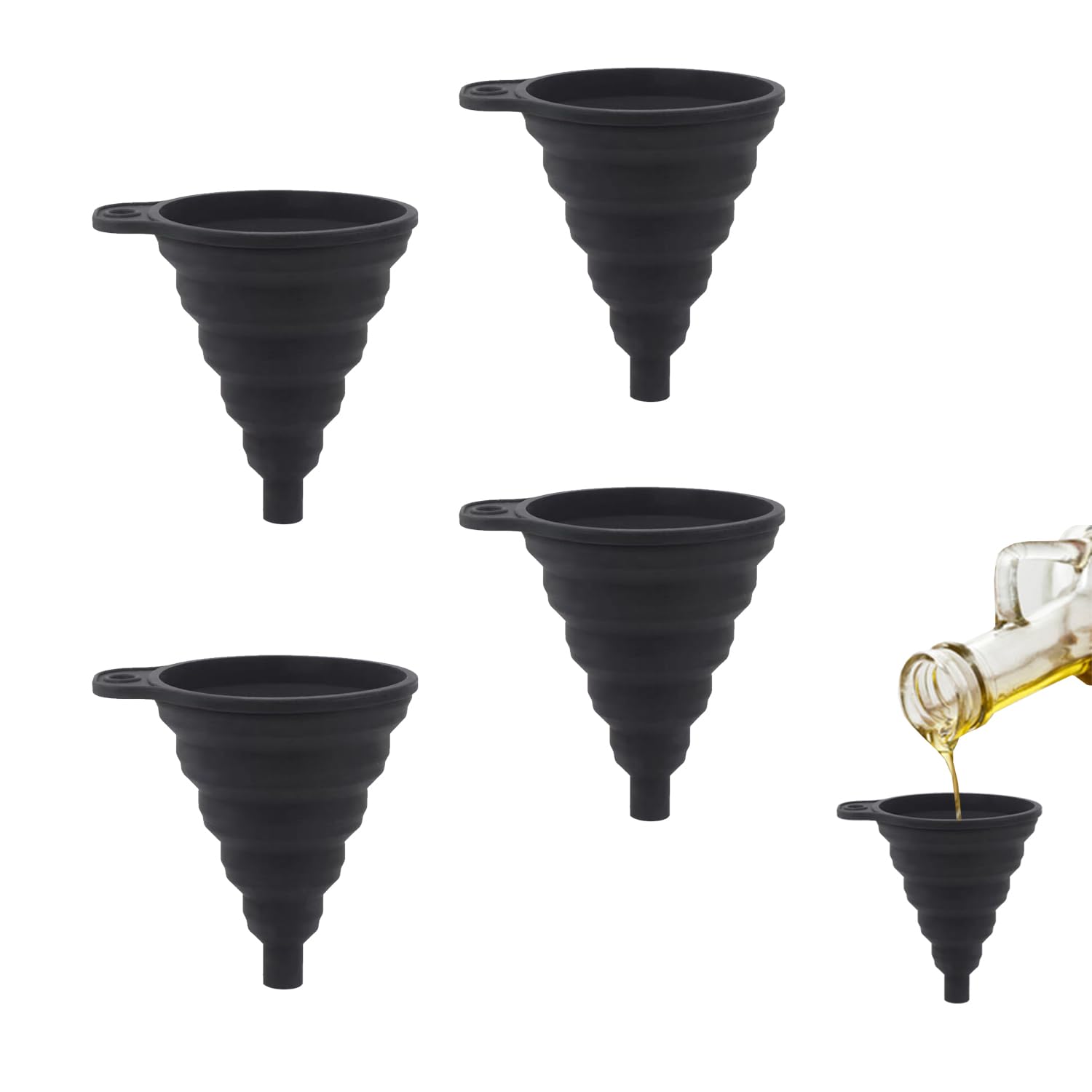 

Silicone folding funnel 4 kitchen liquid compatible with narrow mouth mini size for easy carrying set, pieces, black, transfer, bottles,