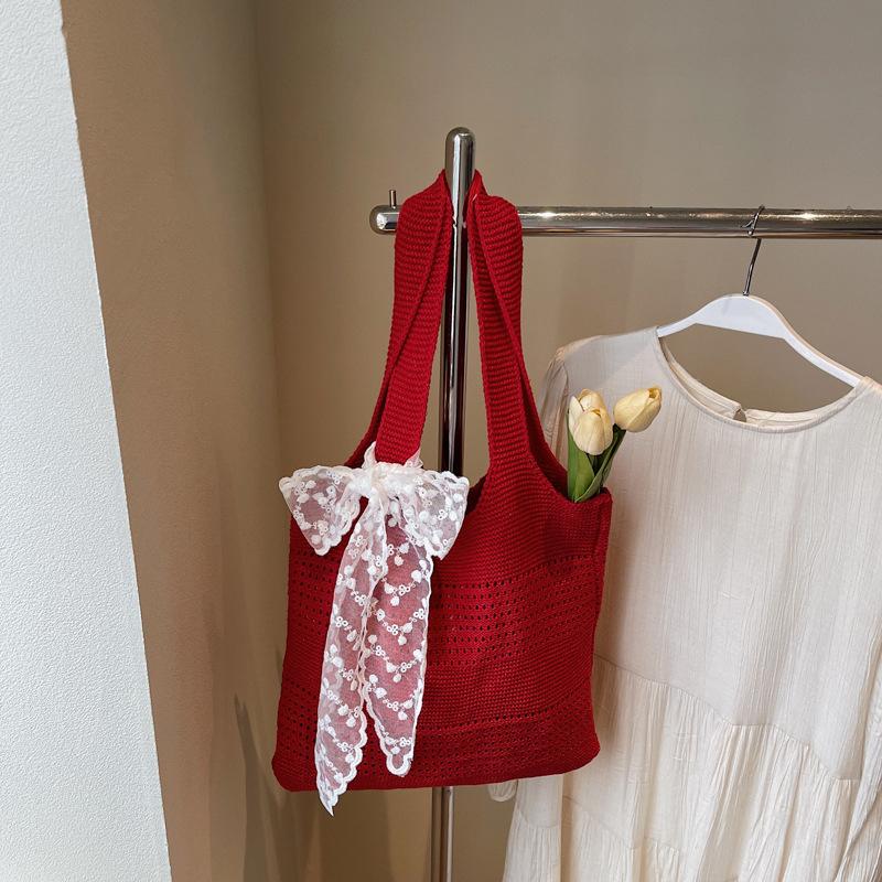 

Літня пляжна сумка-тоут Жіноча Нова Мода Ажурне плетіння Сумки на плече Жіночі Сумки, прикрашені мереживом 35x10x33cm червоний