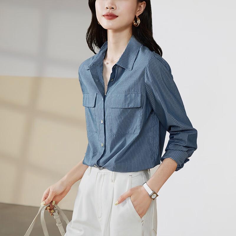 SOFSIL 2026 Spring Striped Silk Blend Lapel Long Sleeve Shirt XL