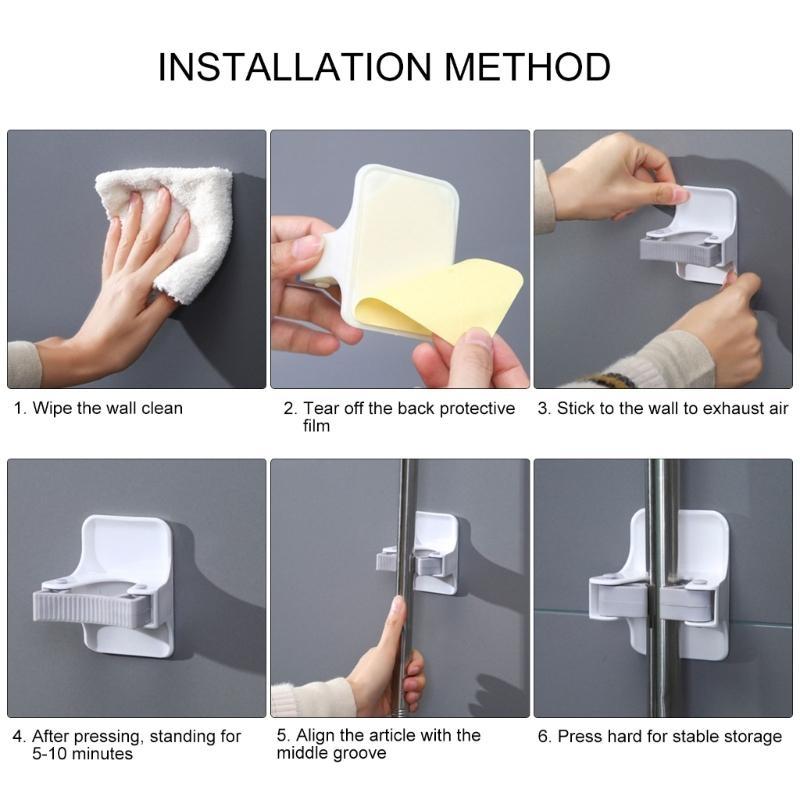 Set of 4 Mop Broom Holder Adhesive Wall for Mops Space Saving Mops Handle Hanger Cleaning Tool Shelf
