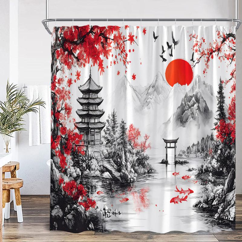 Japanese Style Shower Curtain Pink Cherry Blossom Floral White Crane Mountain Koi Carp Ink Scenery Modern Bathroom Curtain Decor