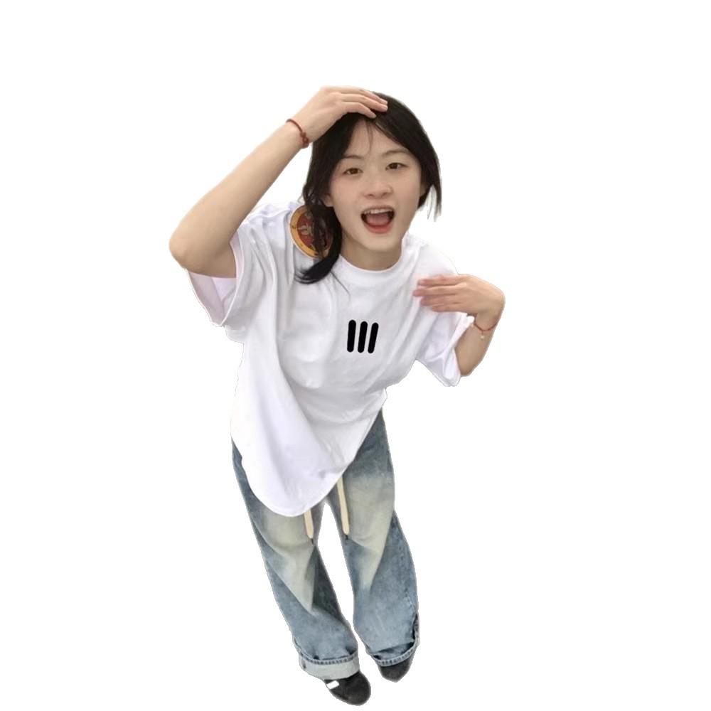 Pure Cotton American Trendy Brand Small Front Shoulder Short-sleeved T-shirt Women's Summer Design Sense Oversize Half-sleeved Large Size Top