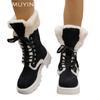 Platform Suede Women Mid Calf Snow Boots Fur Lace Up Mid Heels Cotton Shoes 2025 Trend Warm Short Plush Winter Botas De Mujer