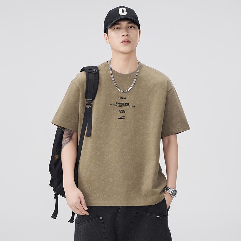 Retro Printed Short-sleeved T-shirt Men's Summer Heavy Cotton Loose Round Neck Half-sleeved Top