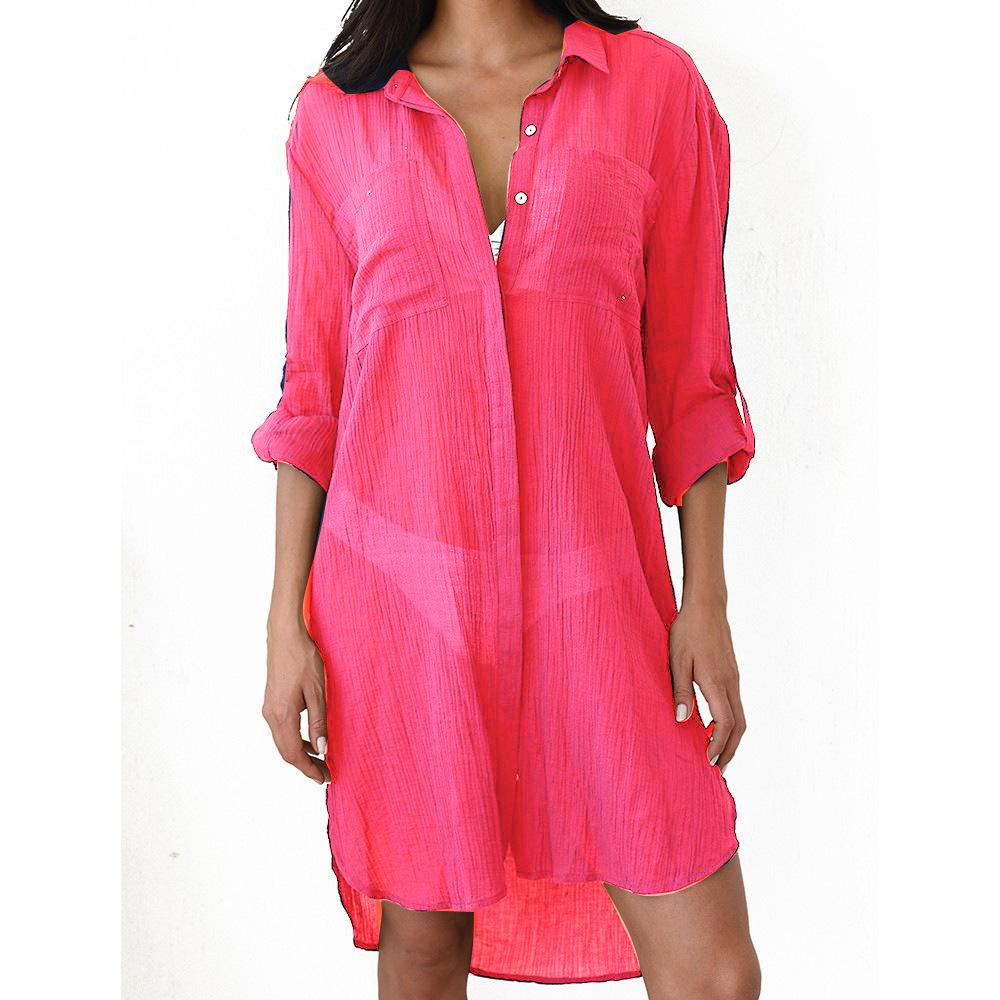 Wrinkled Fabric Pocket Button Beach Cover Up Women's Solid Color Bikini Shirt