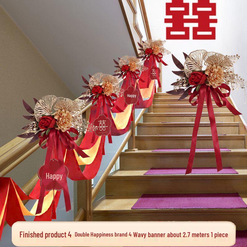 Wedding Staircase Handrail Decoration with Artificial Flowers and Pendants