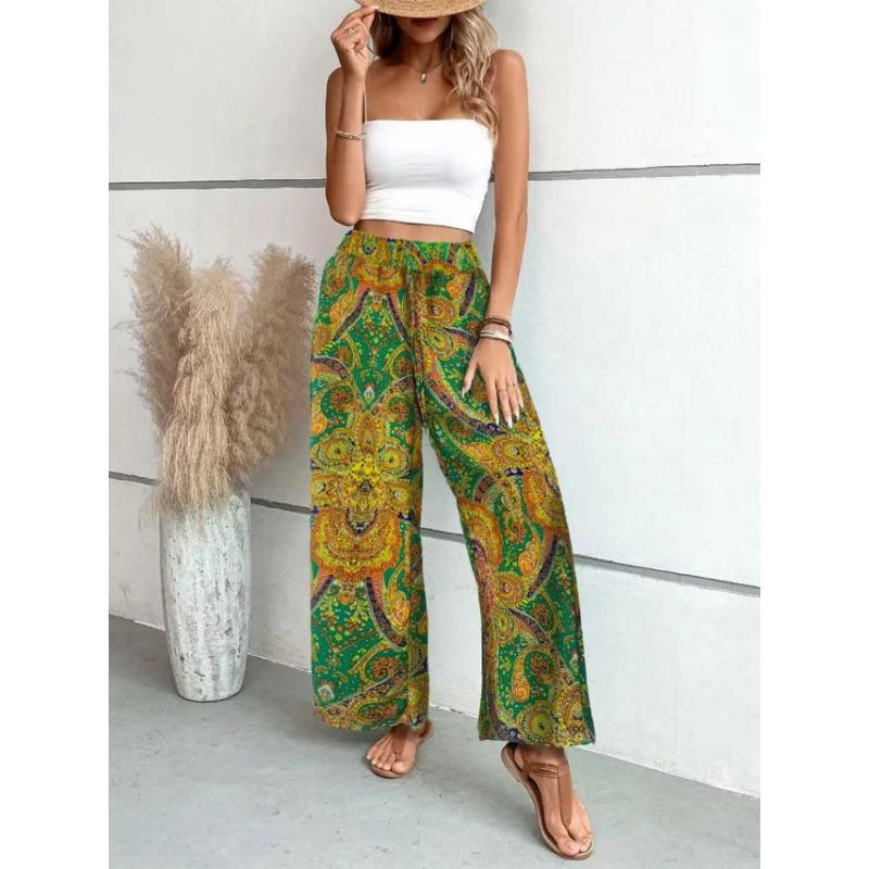 Summer Printing Wide Leg Pants for Women Straight Trouser Fashion Elastic Waist Versatile Breathable Grace Ladies Streetwear