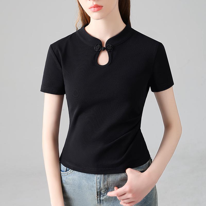 Black Short-sleeved T-shirt for Women New Chinese Women's Clothing Design Chinese Style Cotton T-shirt Cheongsam Collar Waist Top