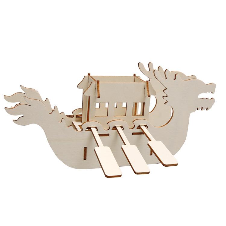 Wooden Dragon Boat DIY Children's Dragon Boat Festival Manual Patchwork Wood Dragon Boat Kindergarten Painting Graffiti 3D Dragon Boat