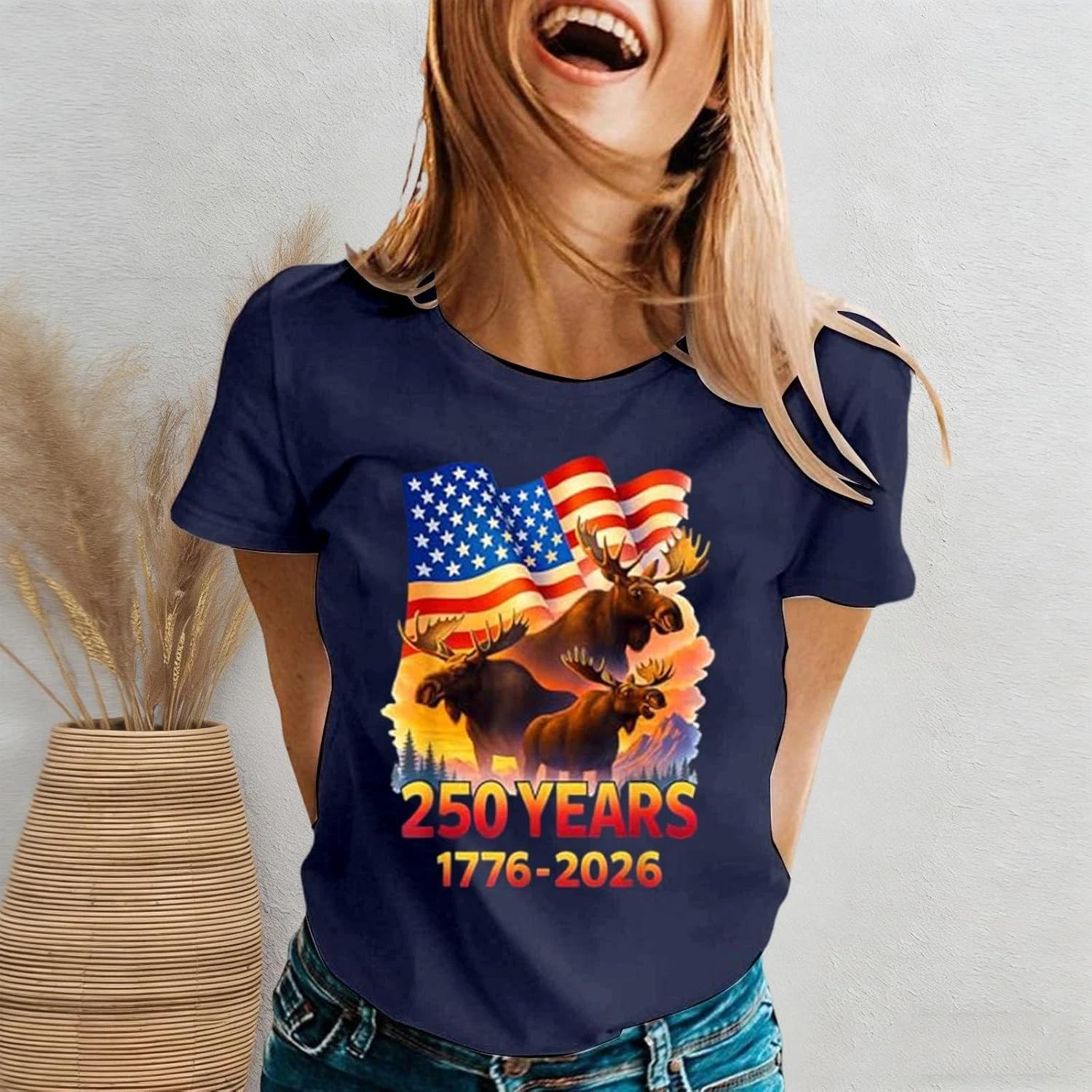 USA 250th Anniversary Shirt 1776-2026 American Flag Moose Patriotic Women Tshirt 3XL