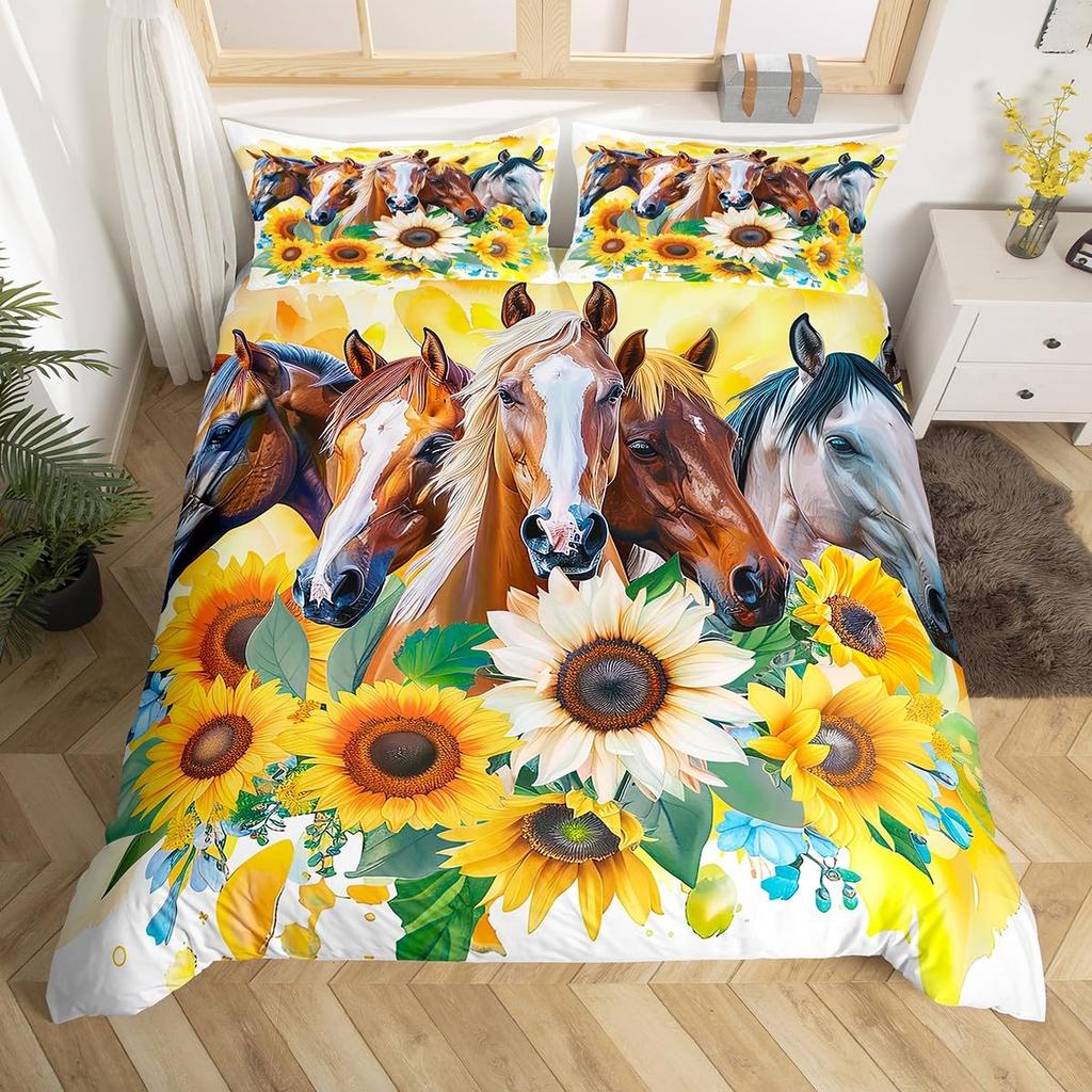 Horse Duvet Cover Western Cowboy Farmhouse Animal Bedding Set Soft Sunflower Floral Comforter Cover Twin Queen For Boys Girls