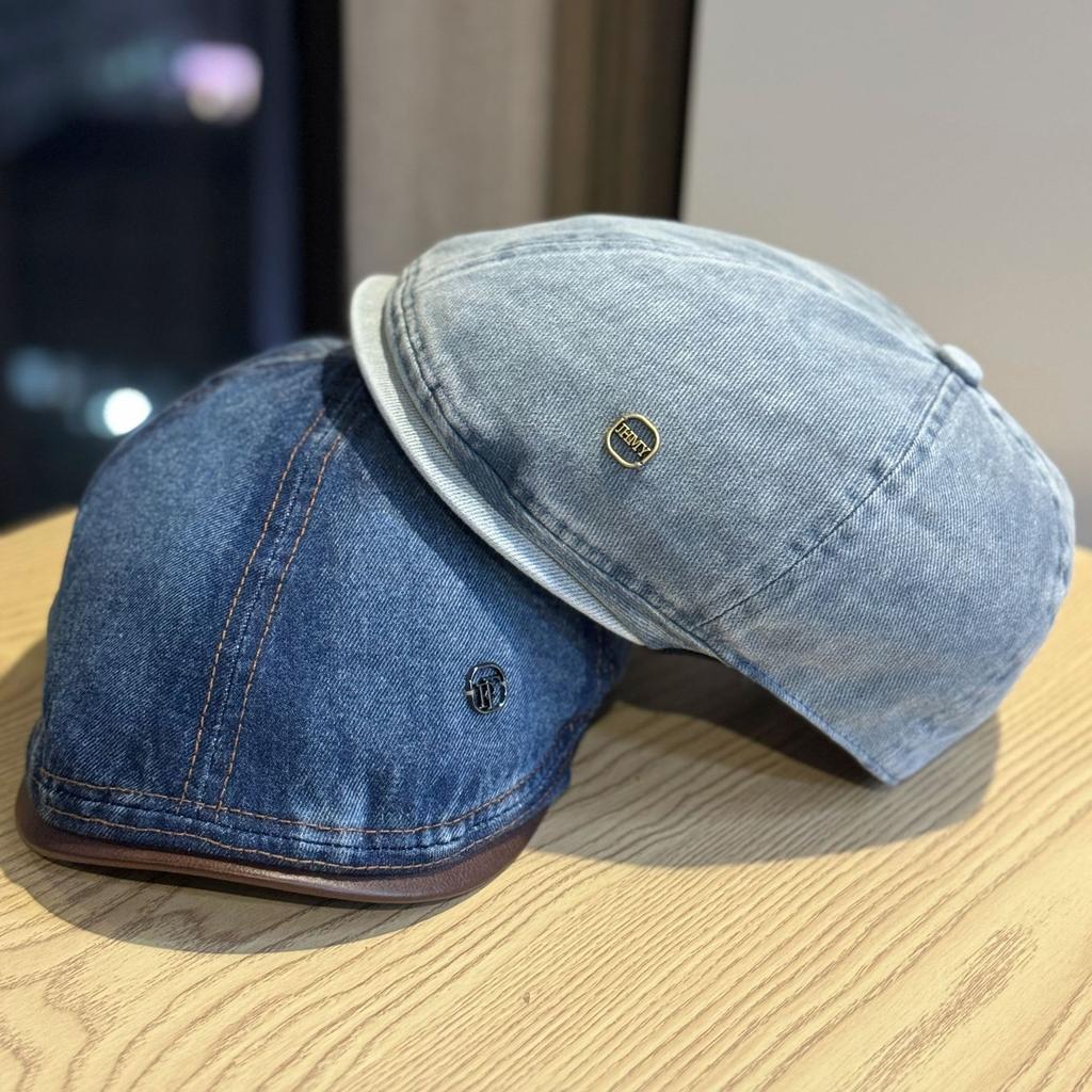 New Japanese-style Vintage Washed Distressed Denim Beret for Women with Large Head Circumference, Face-slimming Artist Hat, Trendy