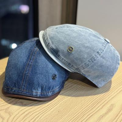 New Japanese-style Vintage Washed Distressed Denim Beret for Women with Large Head Circumference, Face-slimming Artist Hat, Trendy