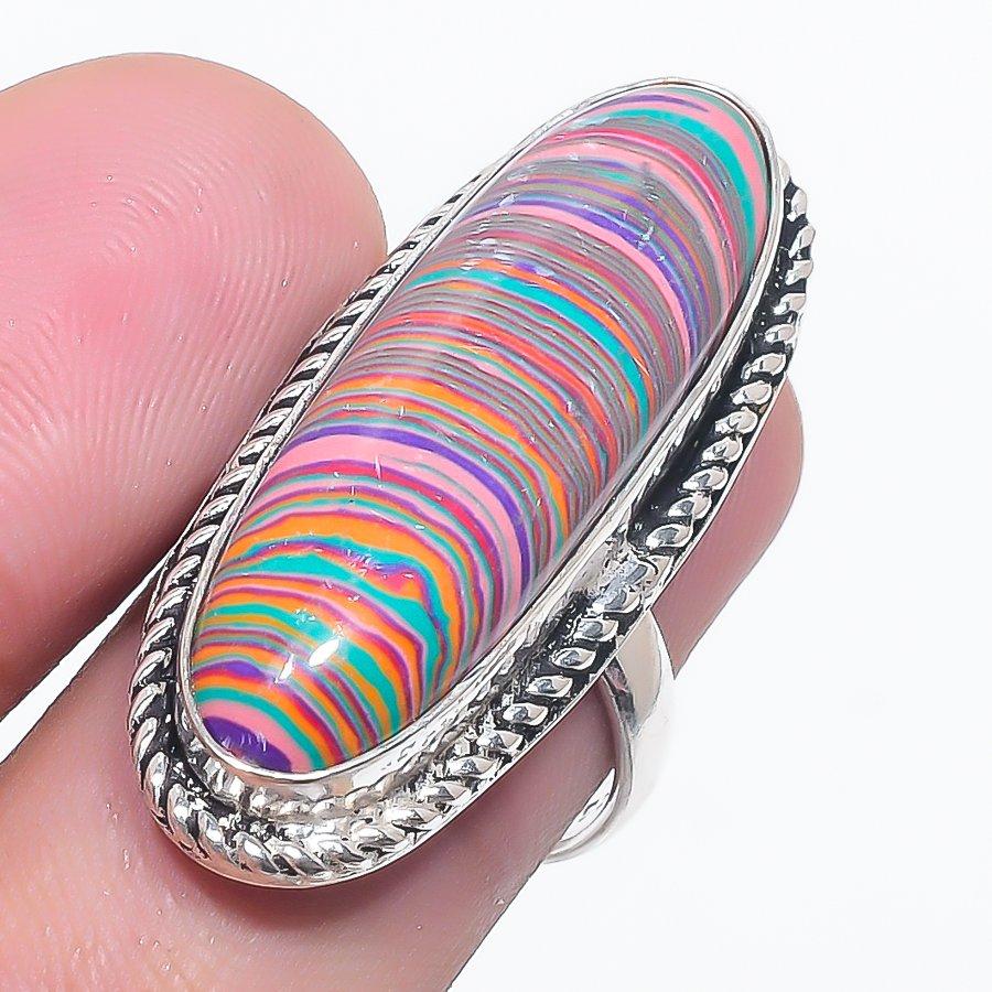 Natural Rainbow Calsilica Gemstone 925 Sterling Silver Jewelry Ring Size 7 y2e02