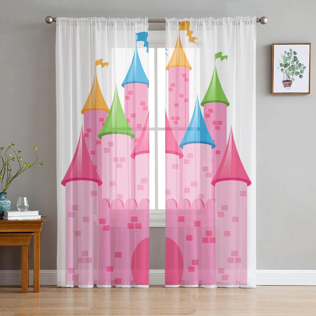 Luxury Fairy Tale Princess Pink Castle Radial Tulle Curtain Bedroom Window Cafe Hotel Decor Living Room Drape Curtains Light Filtering Polyester Area