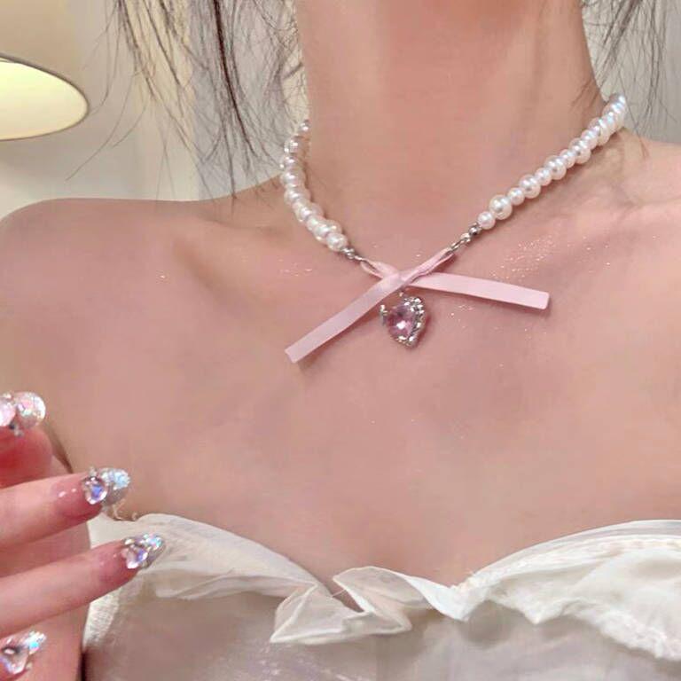 French Pink Heart Bow Pearl Princess Choker Necklace - Cute Clavicle Chain Luxury Accessory