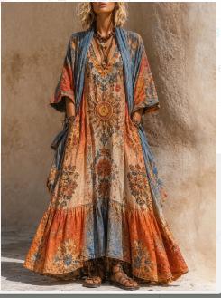 New Bohemian V-neck Printed Long Dress Loose Sunscreen Blouse Seaside Vacation Beach Dress