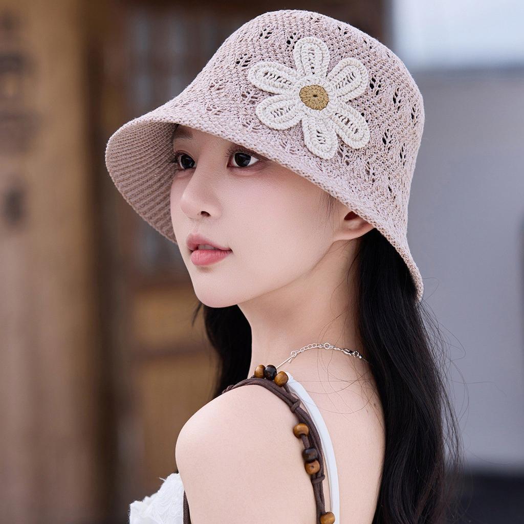 Solid Knit Hollow Out Bucket Hat Women Spring Summer Breathable UV Sun Protection Fisherman Hat