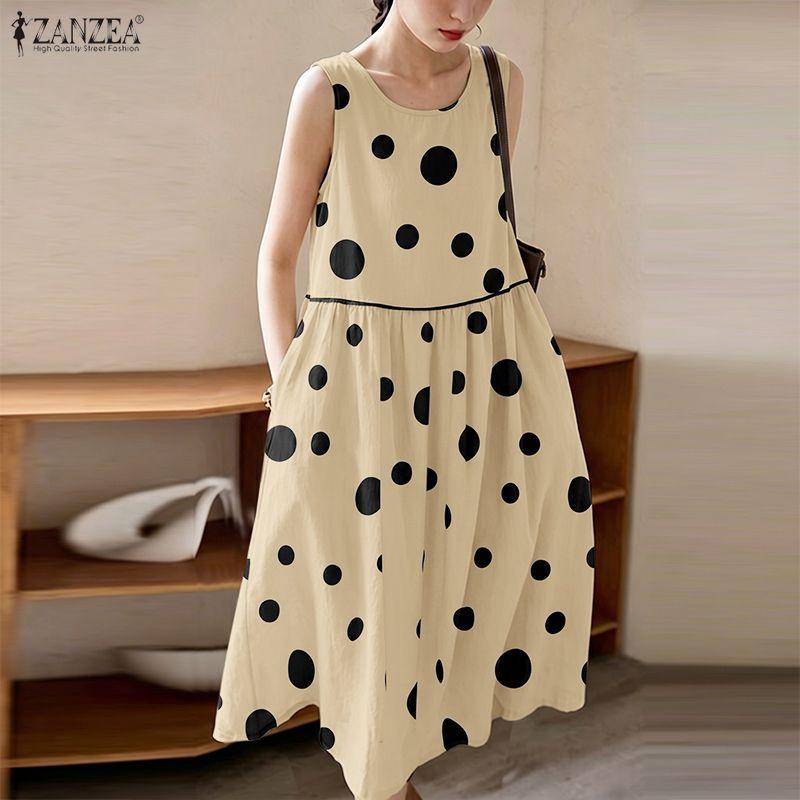 ZANZEA Women Casual Round Neck Sleeveless Loose Polka Dot Print Dress