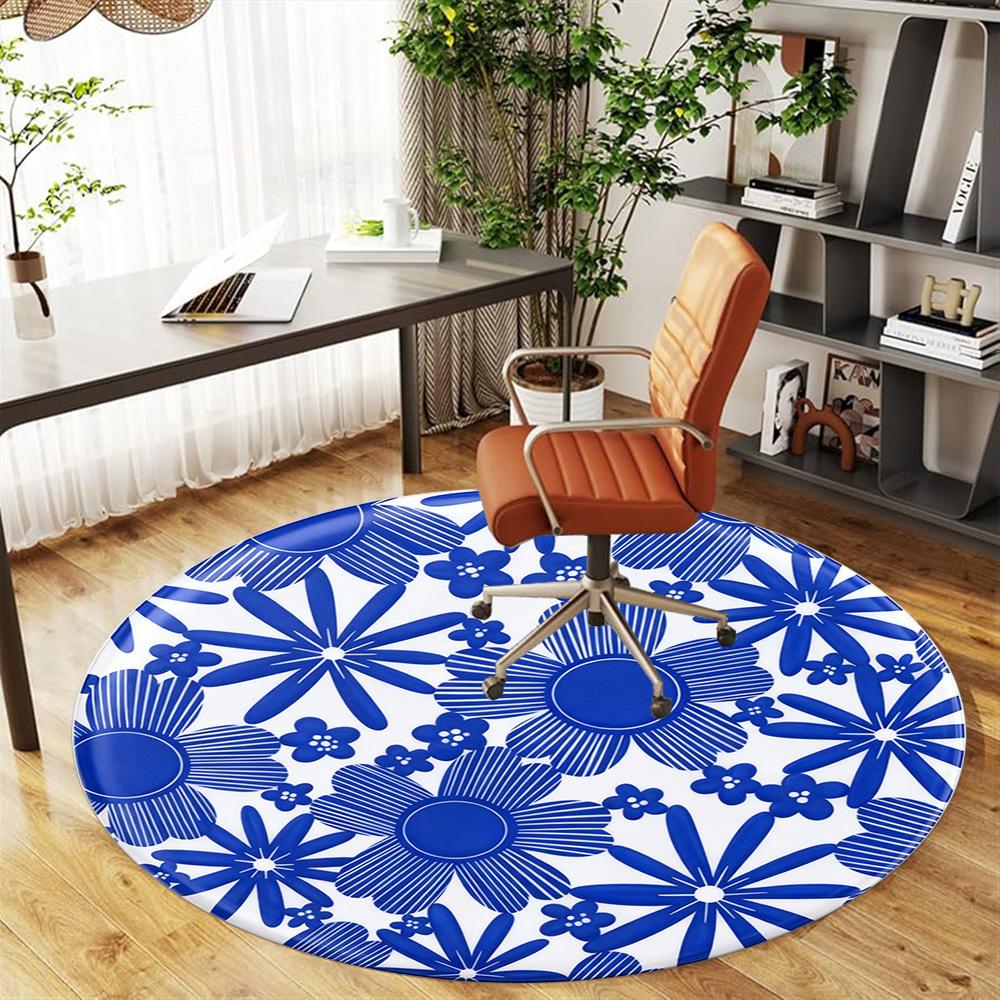 1pc Floral Pattern Blue Round Chair mat office Area Rug - Non-Slip, Floor Mat for Office, Bedroom, Ideal home decor gift p0105063