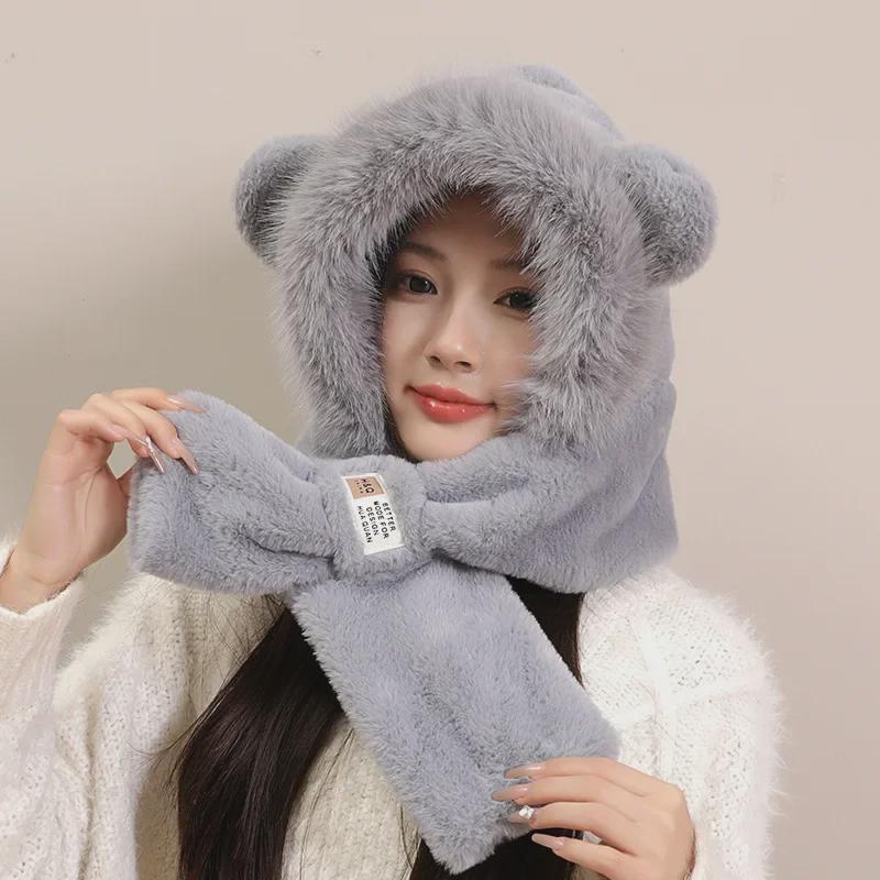 Damen Plüschbär-Mütze & Schal-Set für Herbst/Winter – warmer Ohrenschutz & Halstuch