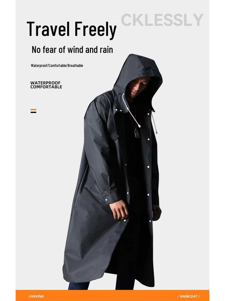 Black Adult Trench Coat-Style Windproof Hooded Rain Poncho, Extra Long & Thick, In Stock