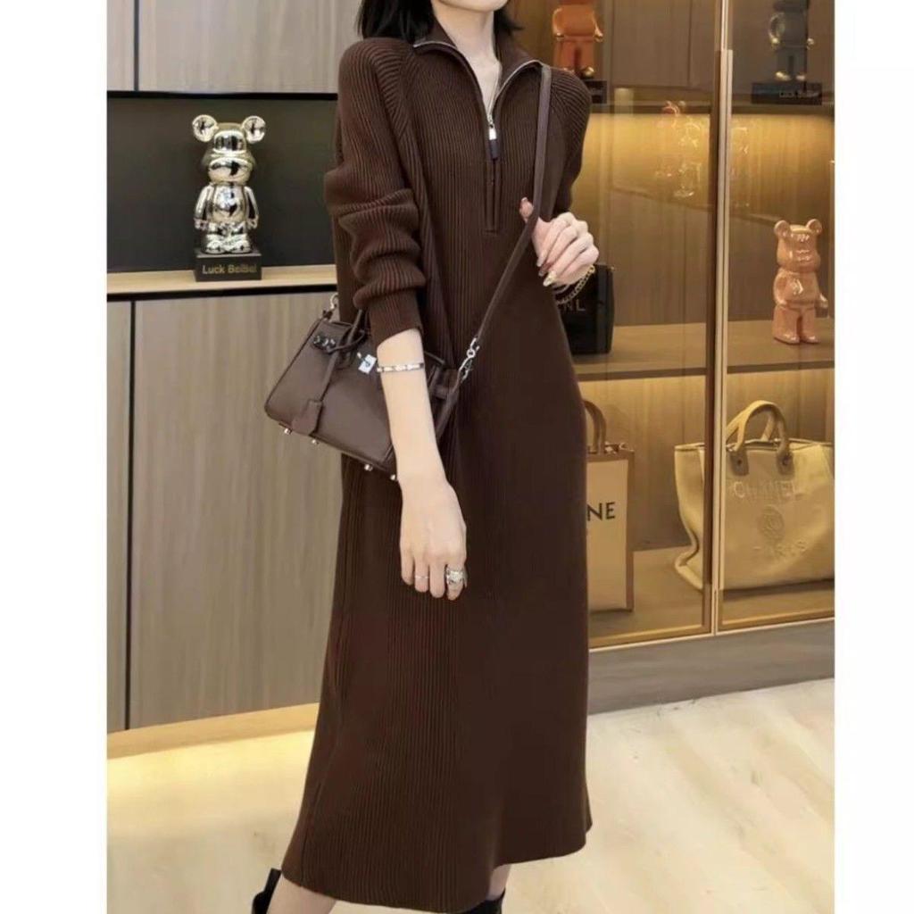 Women's Cozy High Neck Zipper Over-the-Knee Knitted Dress for Autumn & Winter