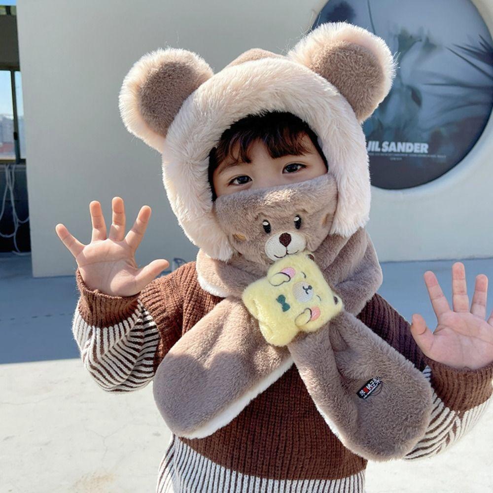 With Mask&Scarf Children Fleece Hat Solid Color Plush Hat with Scarf Warm Bear Plush Hat  Kid