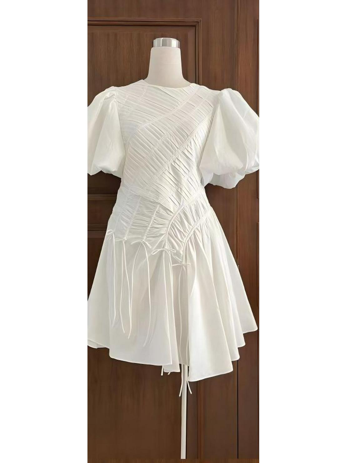 European Style Elegant Puff Sleeve Pleated Long Dress 2025 XXL