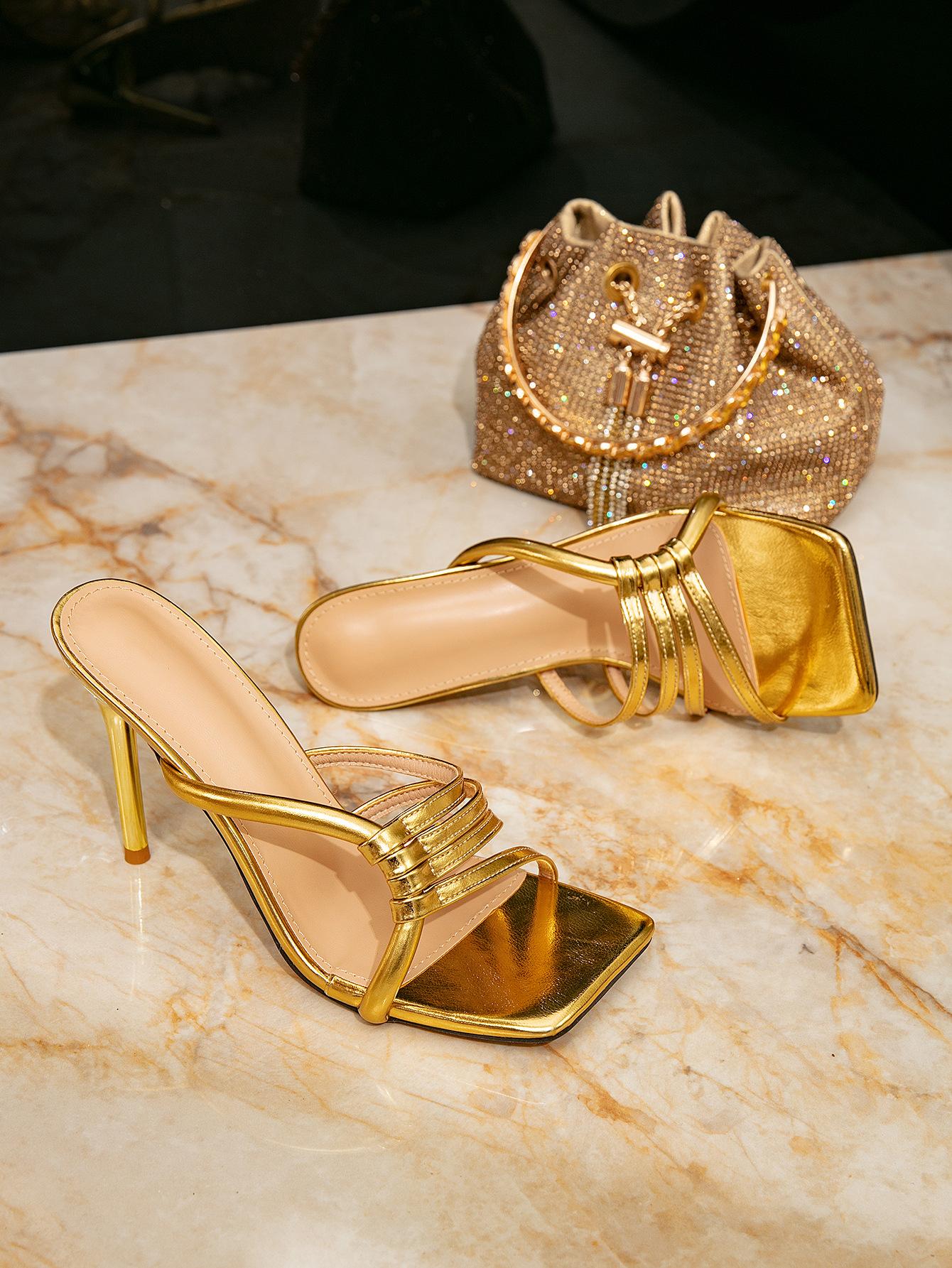 

Женские босоножки на высоком каблуке, женские туфли на высоком каблуке золотого цвета, модная вечеринка на шпильке, вечеринка, босоножки с квадратным носком 42 золотой