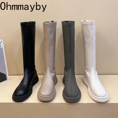 Winter Baumwolle Damen High Boots Mode Weiches Leder Reißverschlüsse hinten Lang Botas Damen Komfort Kurzer Plüsch Kniehohe Stiefeletten