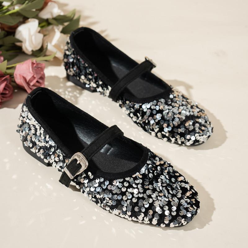 Fashion Sequin Cloth Sole and Heel Single Shoes Fall New Round Toe Shallow Mouth One-band Soft Sole Non-slip Low-top Shoes