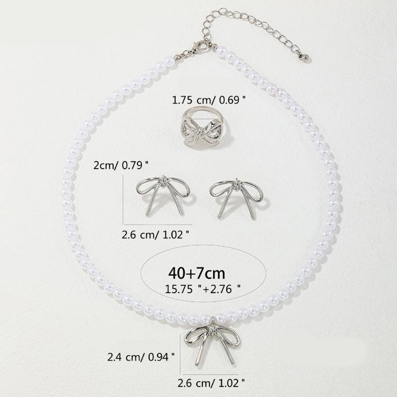 Lovely Bowknot Jewelry Set Dainty Necklace Ear Studs Rings Accessory Elegant Neckchains Earrings Rings Charm Adornment