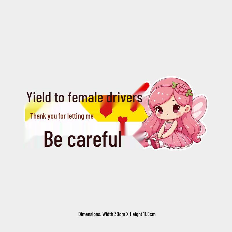Reflective Cute Cartoon Text Sticker: 'Yield to Female Drivers' - Waterproof Rear Windshield Accessory
