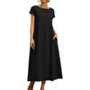 Women Dress Short Sleeve Casual Breathable Solid Color A-Line Dual Pockets Midi Dress for Daily Wear