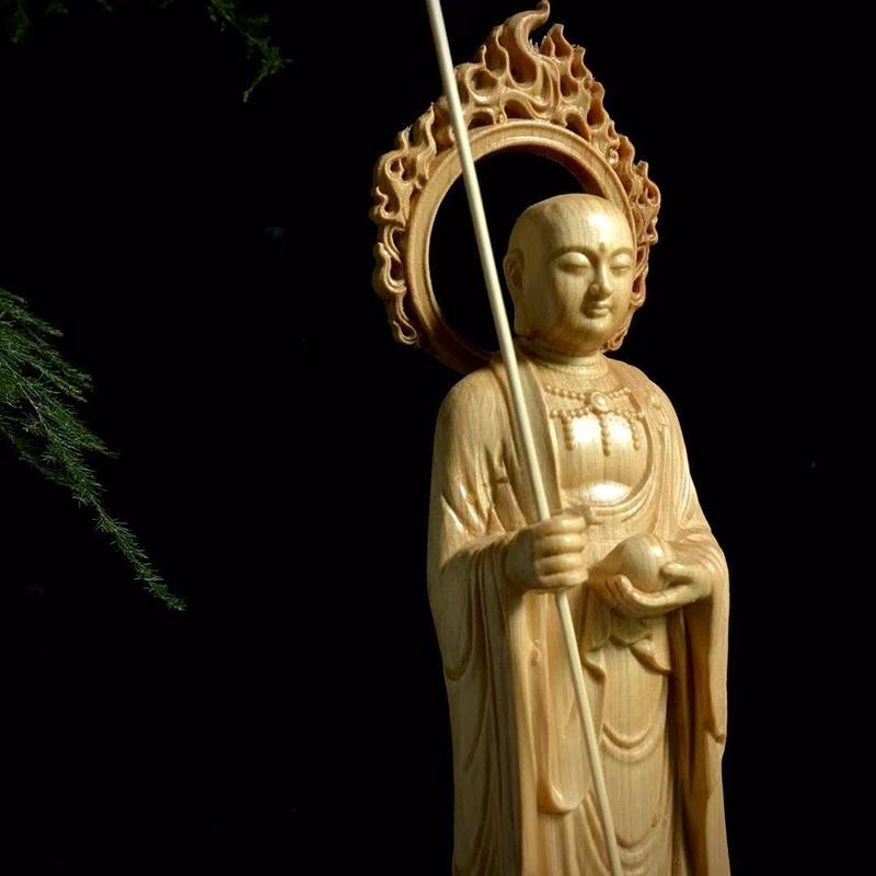 Naturlig Sypress Ksitigarbha Bodhisattva Statue - Buddhistisk Figur for Hjemmerom Kontor Feng Shui Dekorativt Ornament