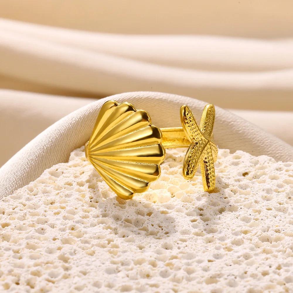 Vintage Starfish Shell Rings For Women Gold Color Stainless Steel Shell Openning Ring Wedding Ocean Summer Jewelry Gift