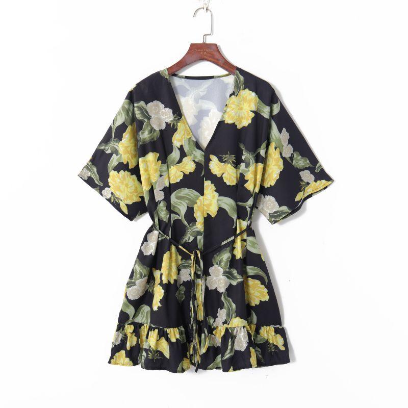 

Летняя женская одежда 2023 года в K-стиле, свежий принт, элегантный пуловер с V-образным вырезом, рукава «летучая мышь», высокая талия, шнуровка, платье, стройнящее фигуру Print S