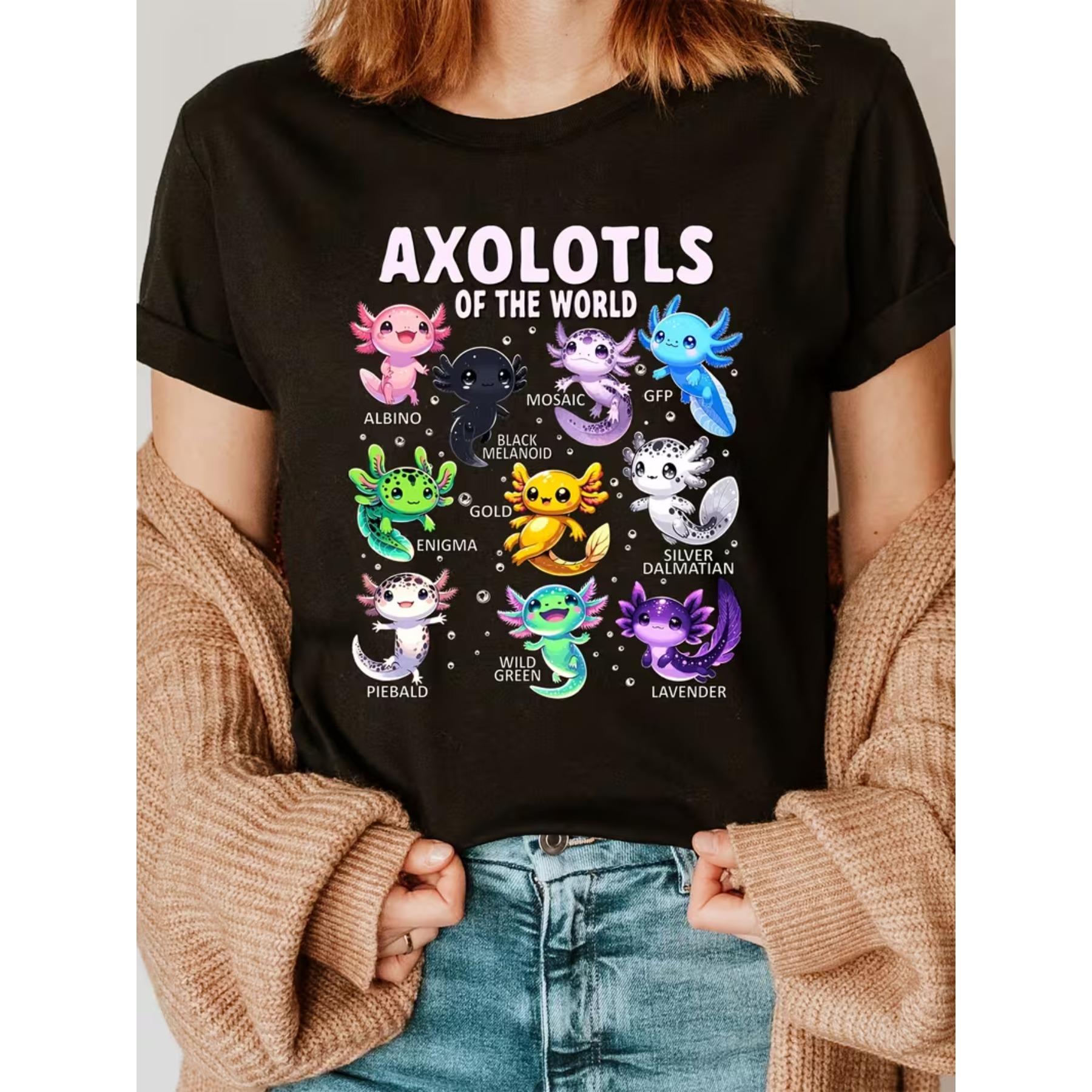 Women S Axolotl of the World T-Shirt, Crew Neck Short Sleeve Casual Top, Anime Pattern Fashion Tee for All Seasons XXL чёрный