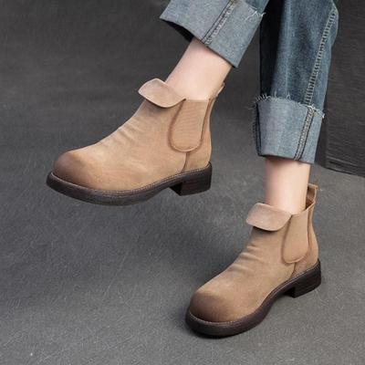 Kurze Stiefel aus echtem Leder mit runder Spitze im Retro-Stil, mattierte Stiefel, Damenschuhe