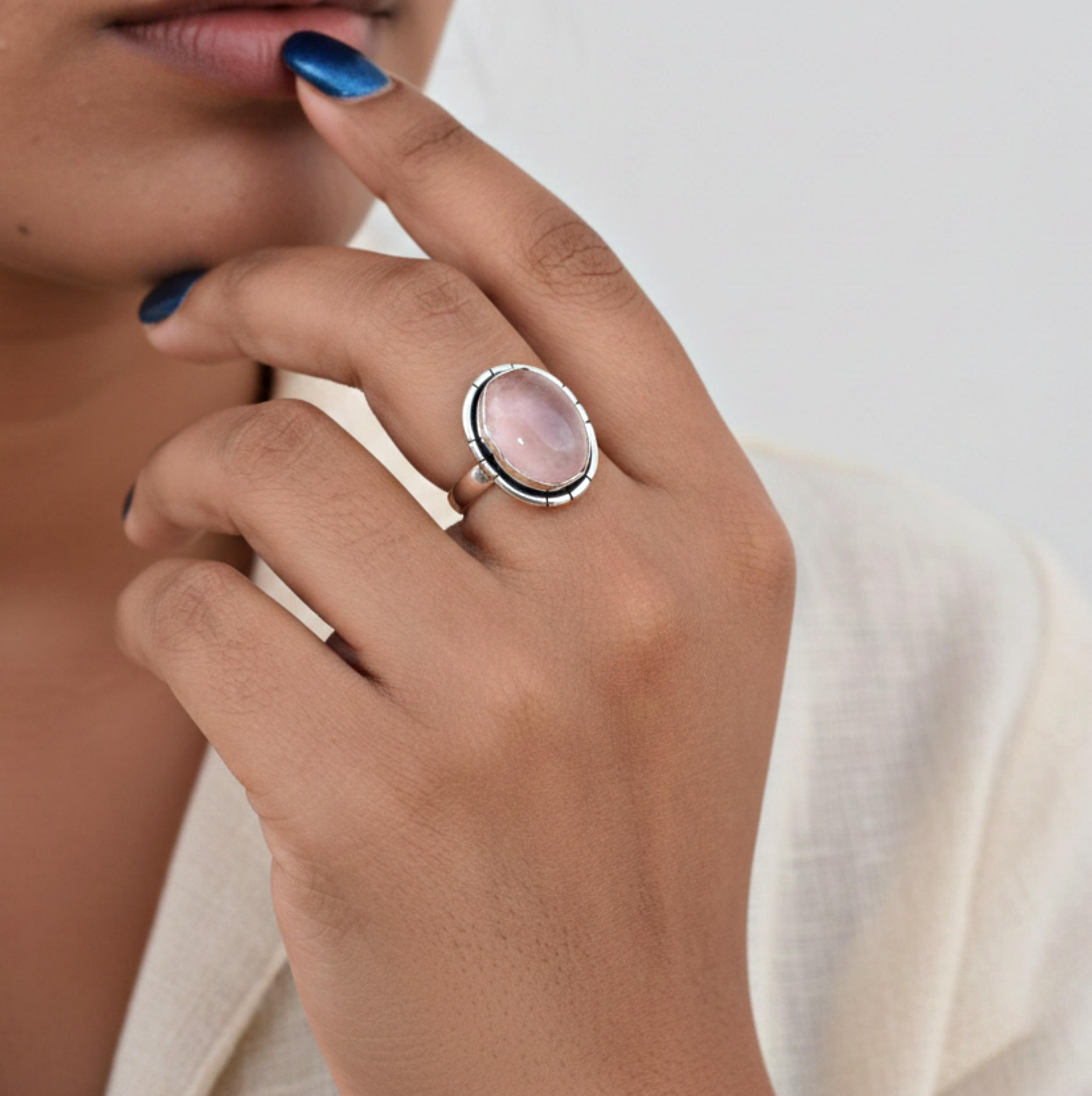 

Oval Cut Rose Quartz Ring, 925 Sterling Silver, Boho Jewelry for Women, Promise Ring 12 срібний