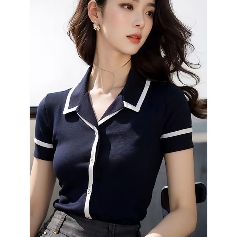 Women Navy Contrast Trim Knit Top Turn Down Collar Short Sleeve Casual Blouse