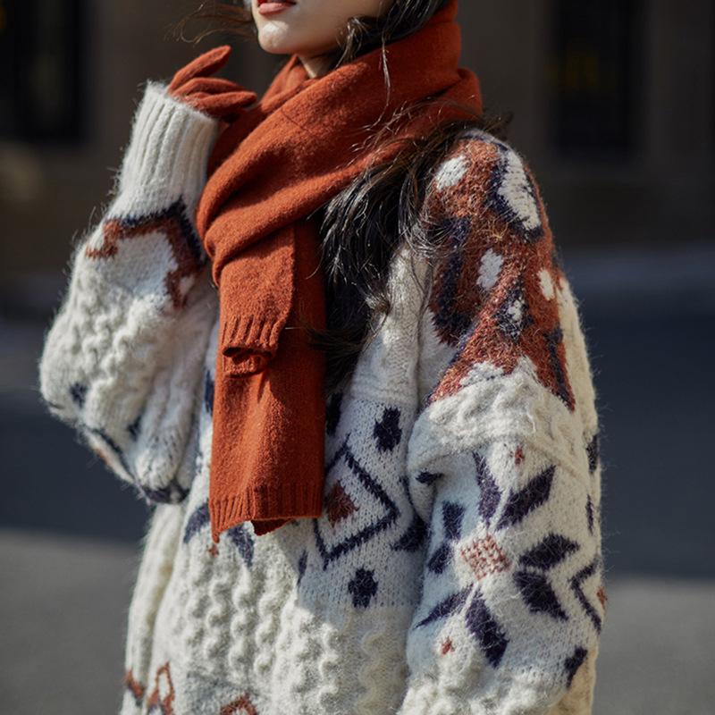 Petite Plus-Thickened Fair Isle Sweater for Women - Soft White Autumn/Winter Design