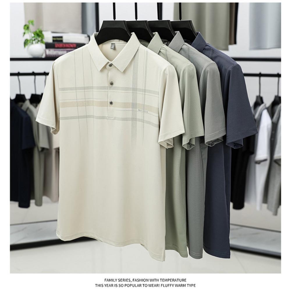Summer Ice Silk Short Sleeved T-shirt Middle-aged Men's Lapel Top Base Shirt