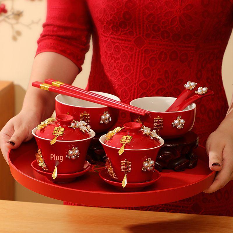Double Happiness Butterfly Love Teacup Set: Wedding Bowls, Red Tea Set, Chopstick Pair, Dowry Gift