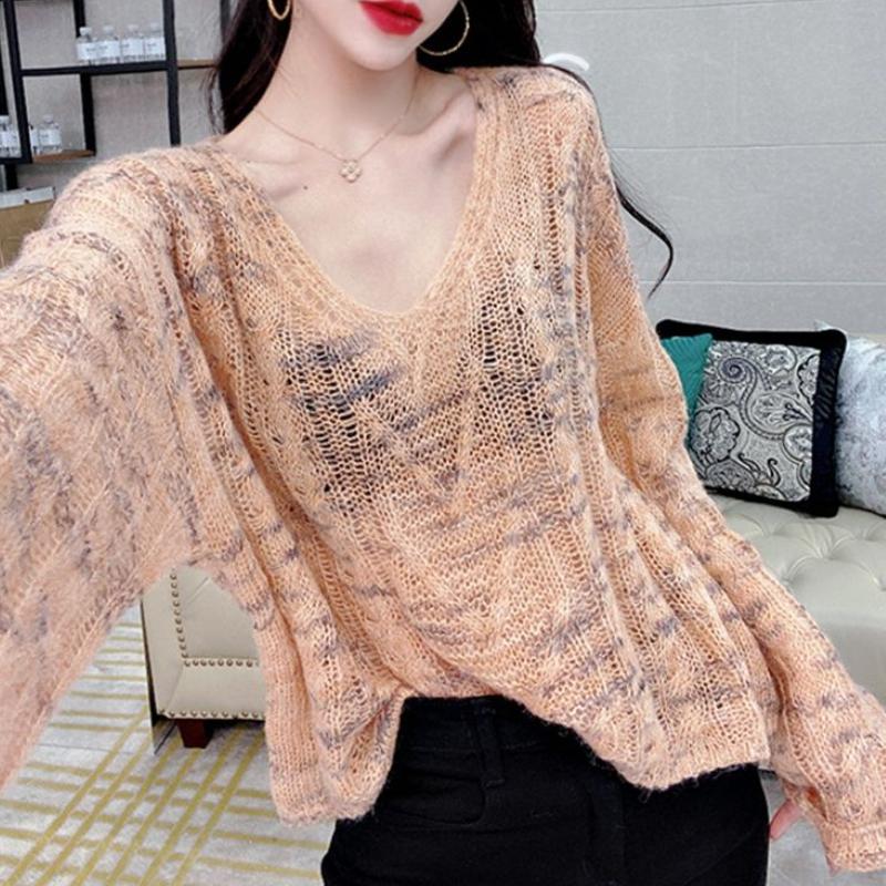 Autumn Winter V-neck Knit Base Layer European Style Thin Loose Long Sleeve Mohair Sweater for Women