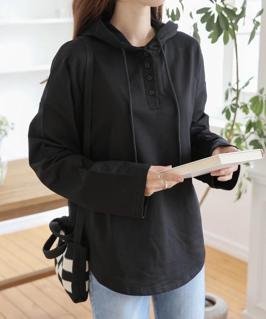 Loose-Fit Drawstring Button Long-Sleeve Hoodie