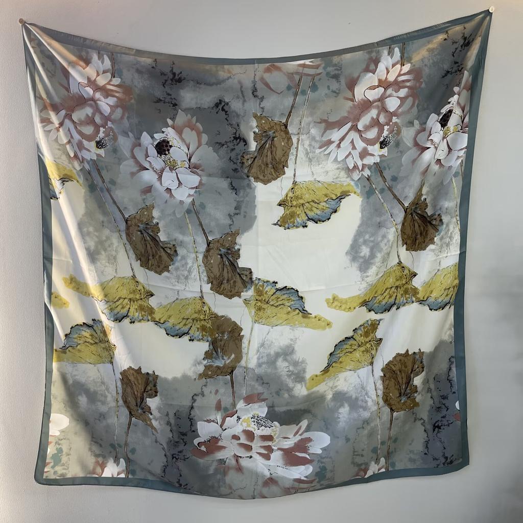 Spring and Autumn High-end Twill Flower Printed Bag Headscarf Scarf for Women New Versatile Sunscreen Scarf Scarf