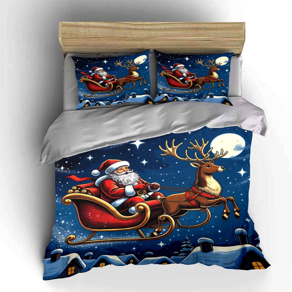 Santa Riding Sleigh At Night Bedding Duvet Cover Set Duvet Cover Pillowcases (1*Duvet Cover 2*Pillowcases, Without Duvet Insert)